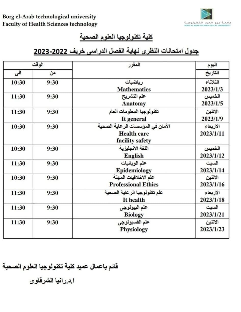 جداول إمتحانات الفصل الدراسي الأول بجامعة برج العرب التكنولوجية