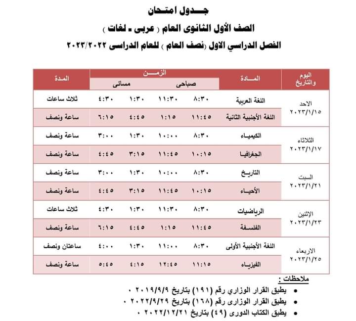 جدول إمتحانات الصف الأول الثانوي بالجيزة