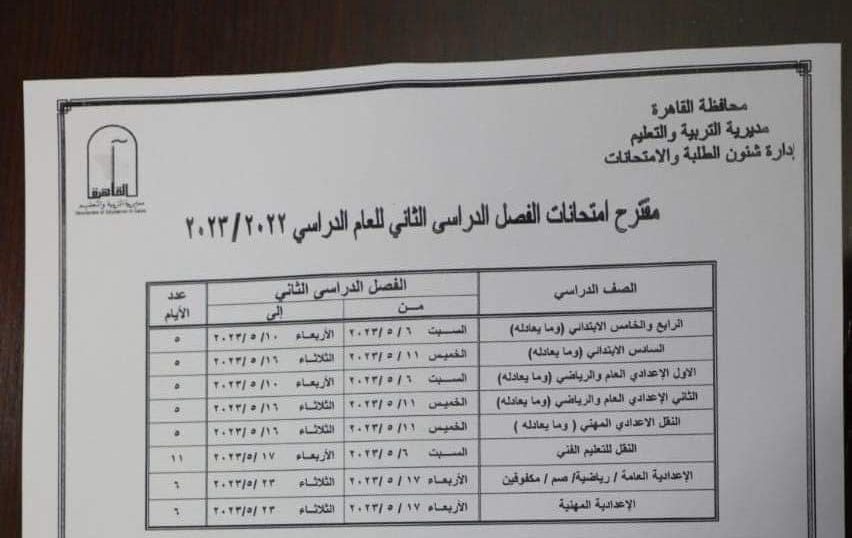 عاجل.. إعتماد جداول إمتحانات الفصل الدراسي الثاني بالقاهرة