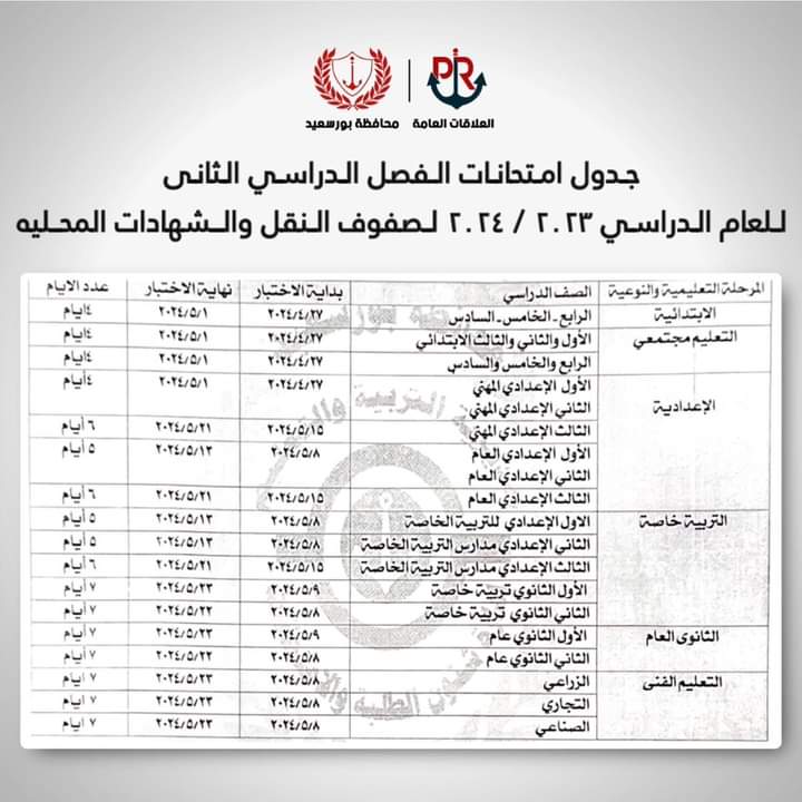 محافظ بورسعيد يعتمد جدول امتحانات الفصل الدراسي الثاني