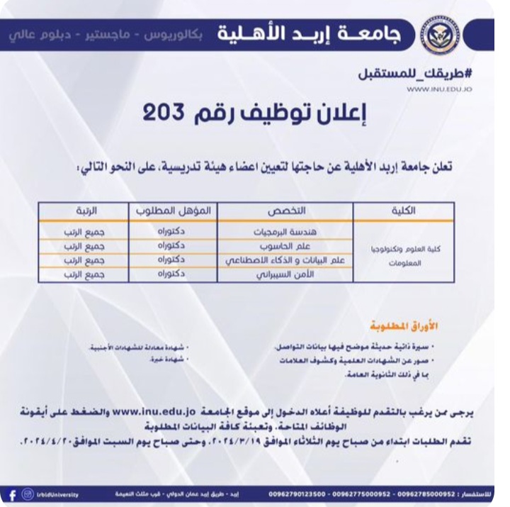 جامعة إربد الأهلية بالأردن تعلن عن وظائف شاغرة.. غلق باب التقدم 20 أبريل الجاري