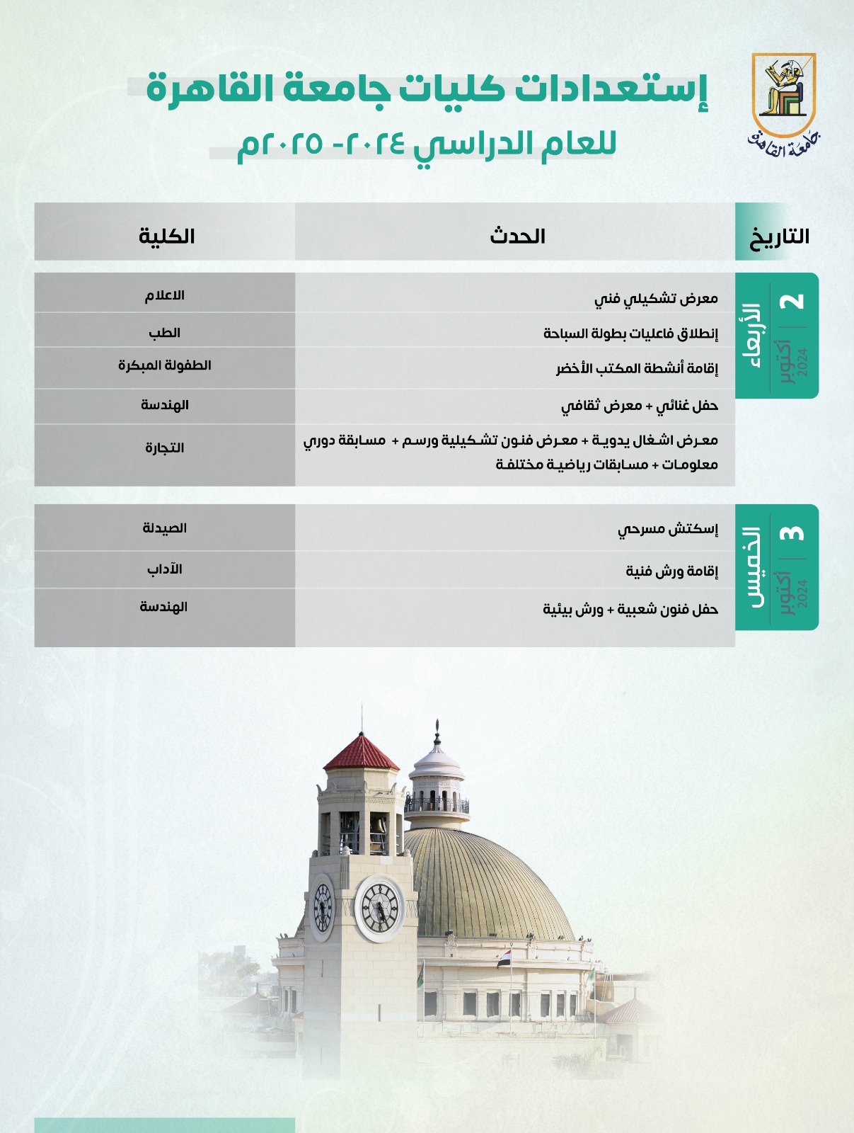 جامعة القاهرة: فعاليات ثقافية ورياضية وفنية خلال الأسبوع الأول من العام الدراسي الجديد