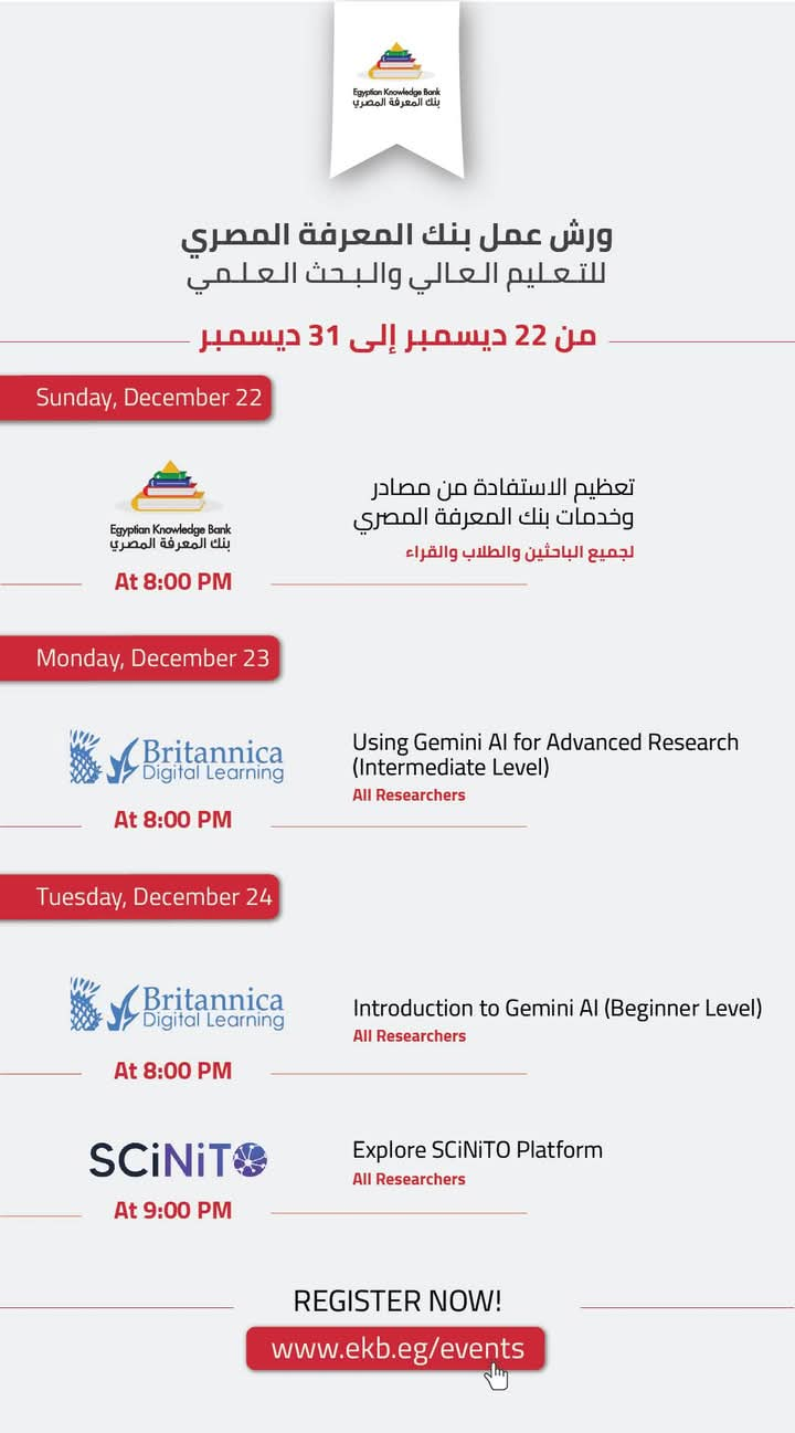 بنك المعرفة المصري يعلن ورش العمل المجانية للطلاب والباحثين وهيئة التدريس