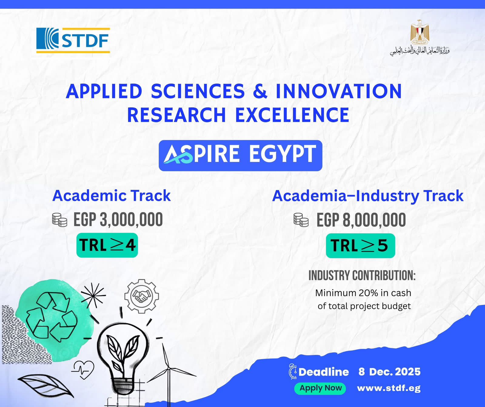 التعليم العالي: فتح باب التقدم للنداء الرابع من برنامج "التميّز في العلوم التطبيقية والابتكار" (ASPIRE Egypt)