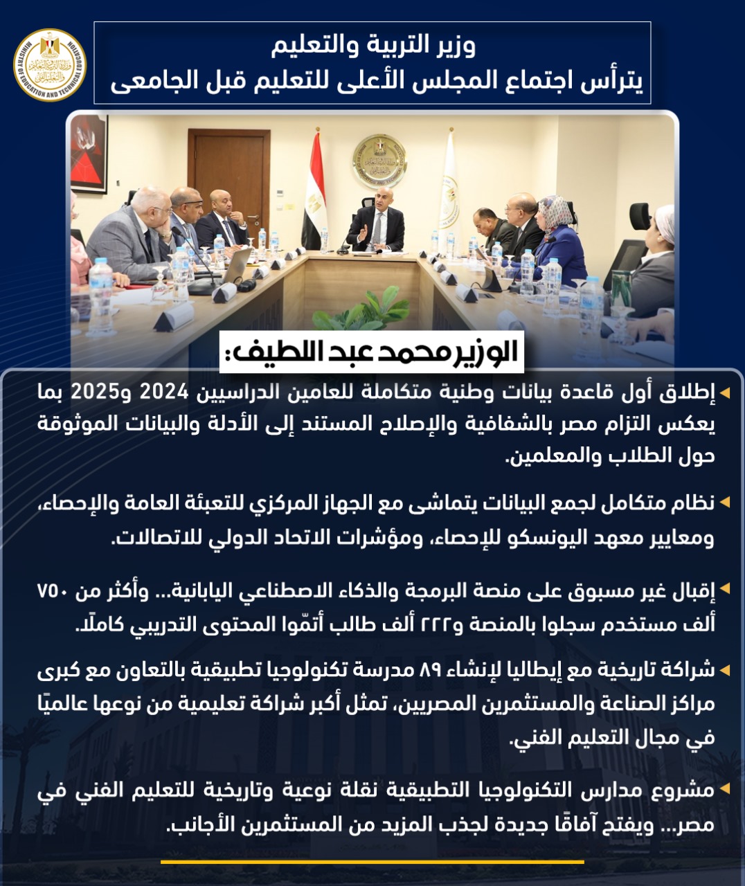 وزير التعليم: إطلاق أول قاعدة بيانات وطنية متكاملة للعامين الدراسيين 2024 و 2025