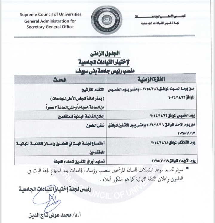 فتح باب التقدم للترشح لمنصب رئيس جامعة بني سويف