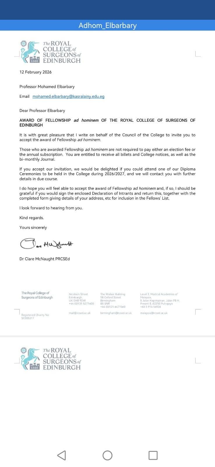 الكلية الملكية للجراحين بإدنبرة تمنح الدكتور محمد البربري زمالتها الفخرية.. وصلاح: يعكس قيمة المدرسة الجراحية بقصر العيني