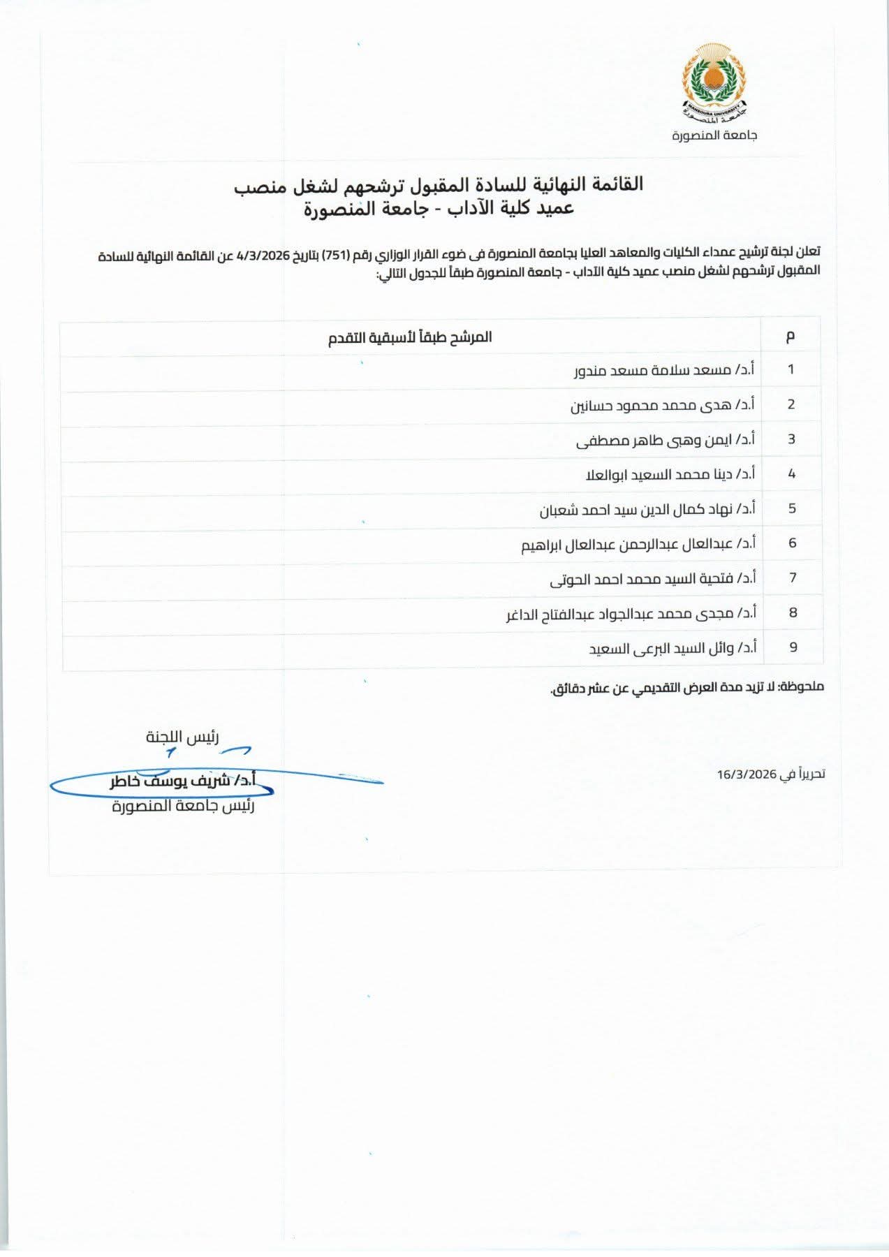 جامعة المنصورة تعلن القائمة النهائية للمرشحين لمنصب عميد كلية الآداب