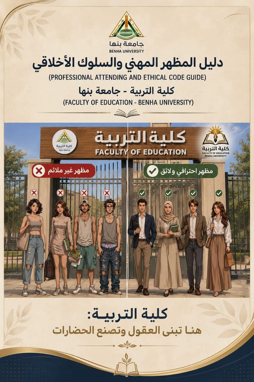 «تربية بنها» لـ الطلاب: «التزامك بمظهر لائق داخل الحرم الجامعى يعكس مدى وعيك بمهنة الأنبياء والرسل»
