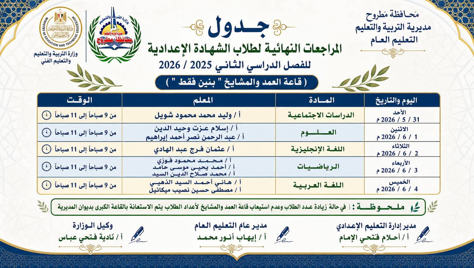 تعليم مطروح: انطلاق المرحلة الثانية لمبادرة المراجعات النهائية للشهادة الإعدادية صباح غدا
