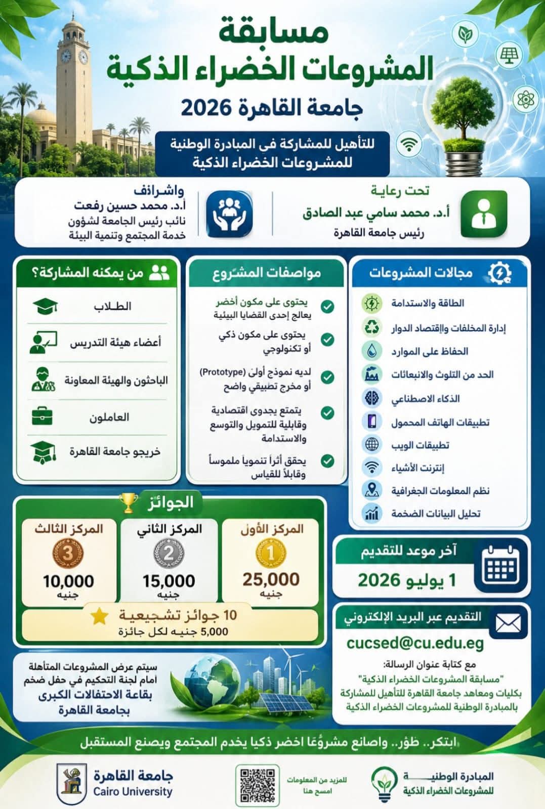 جامعة القاهرة تطلق مسابقة المشروعات الخضراء الذكية لتأهيل المبتكرين للمشاركة في المبادرة الوطنية للمشروعات الخضراء الذكية